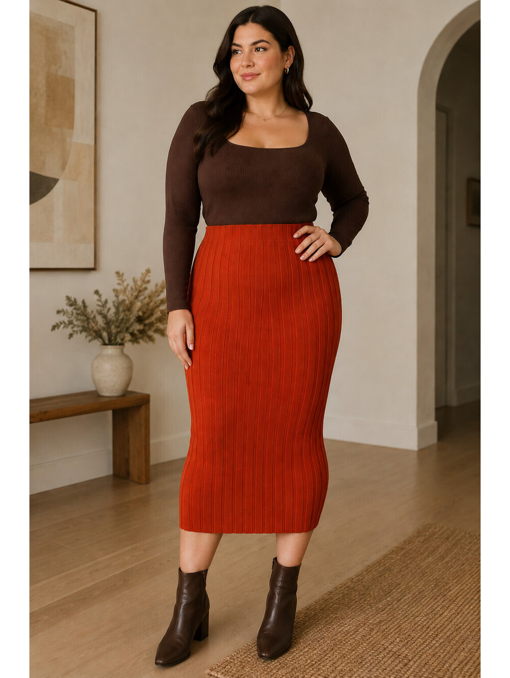 Nina Leonard Ribbed Knit Midi Skirt Womens L Orange Stretch Casual Minimalist